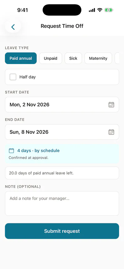 A leave request with the Bulgarian leave types