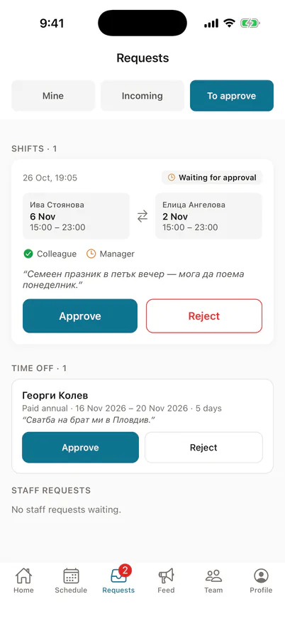 A manager approving a swap on the phone